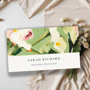 Chic Boho Colorful Grönt Rosa Painting Blommigt Visitkort