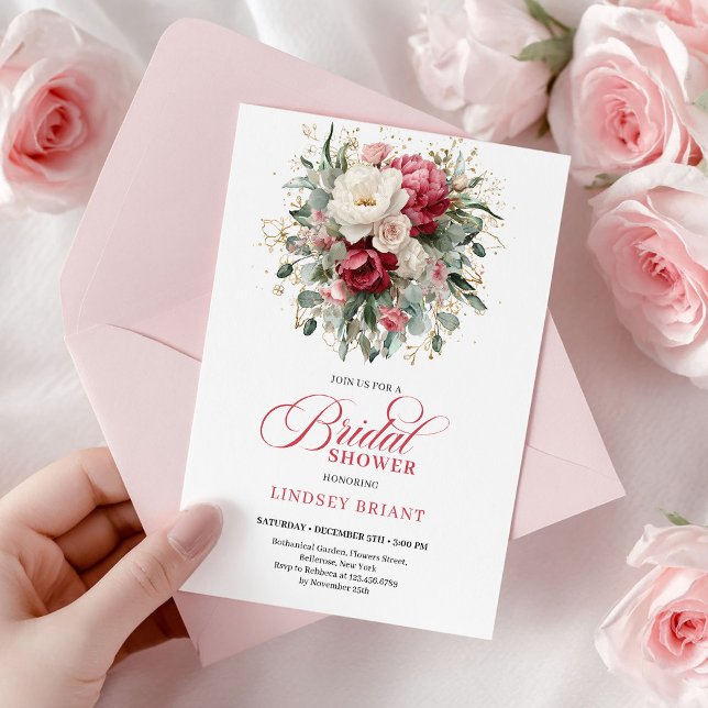 Chic Boho Crimson Vit Bröllopsdusch Greenery  Inbjudningar (Chic Boho Crimson White Greenery Bridal Shower Invite

)