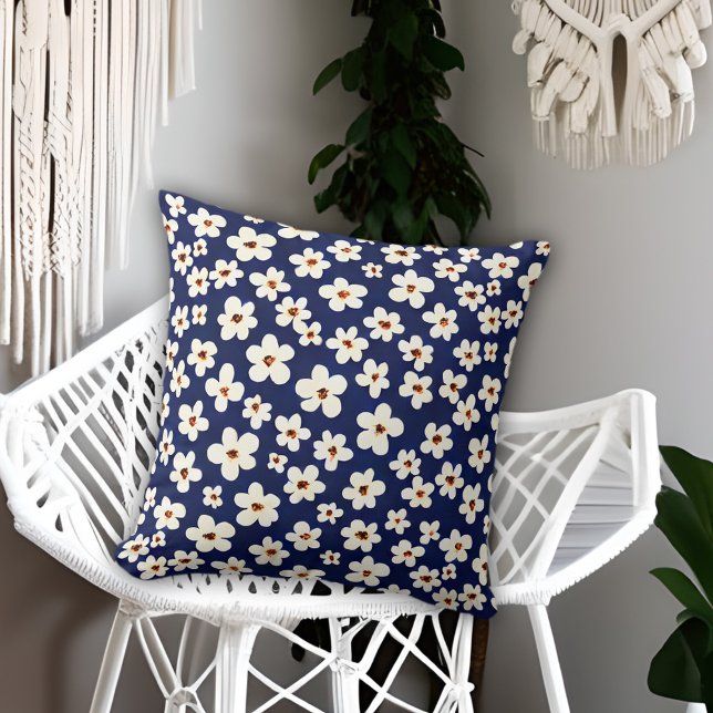 Chic Boho Daisyn Mörk blått Mönster Dekorativ kudd Kudde (Skapare uppladdad)