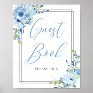Chic Boho dammiga blå blommigten silver gästskylt Poster
