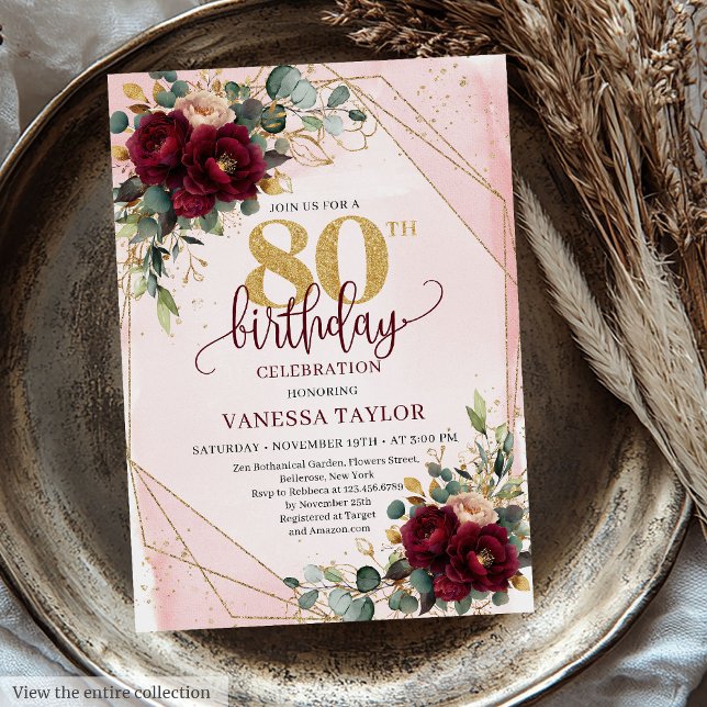Chic Boho Deep Red Guld Flowers 80:e födelsedagen Inbjudningar (Chic Boho Deep Red Gold Flowers 80th Birthday Invitation)
