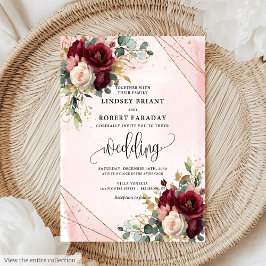 Chic Boho Deep Red Guld White Flowers Bröllop Inbjudningar