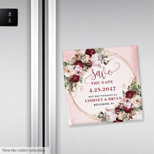 Chic Boho Djup Röd Rodnad Guld Blommig Spara Datum Magnet