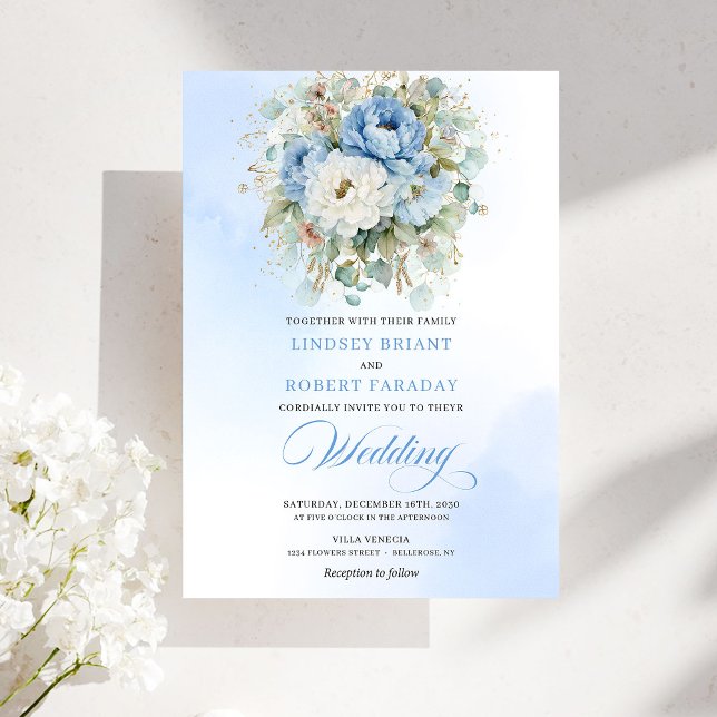 Chic Boho Dusty Blue Peony Gold Wedding Invitation Inbjudningar (Chic Boho Dusty Blue Peony Gold Wedding Invitation)