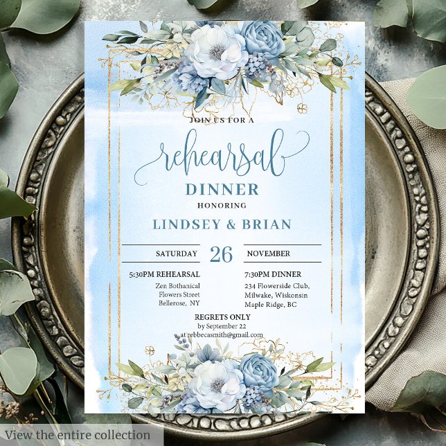 Chic Boho Dusty Blue White Peony Rehearsal Dinner Inbjudningar (Chic Dusty Blue White Peony Rehearsal Dinner Invite)