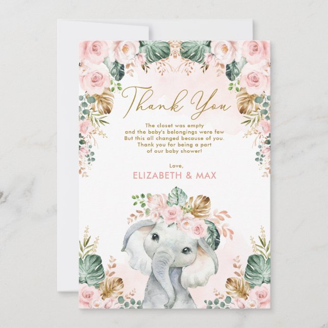 Chic Boho Elephant  Rosa Blommigt Baby Shower Tack Kort (Framsida)
