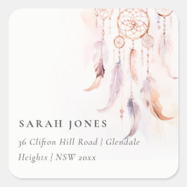 Chic Boho Feather Dreamcatcher Watercolor Adress Fyrkantigt Klistermärke