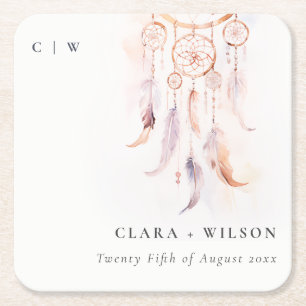 Chic Boho Feather Dreamcatcher Watercolor Bröllop Underlägg Papper Kvadrat