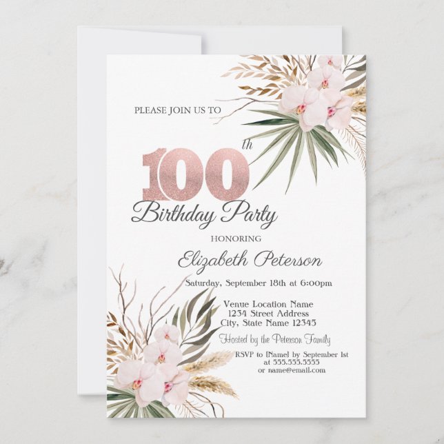 Chic Boho Flowers 100th Birthday Inbjudningar (Framsida)