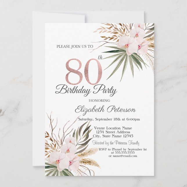 Chic Boho Flowers 80th Birthday Inbjudningar (Framsida)