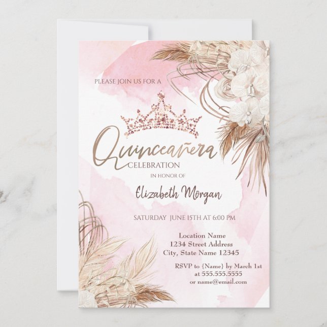 Chic Boho Flowers,Krona,Watercolor Quinceañera Inbjudningar (Framsida)