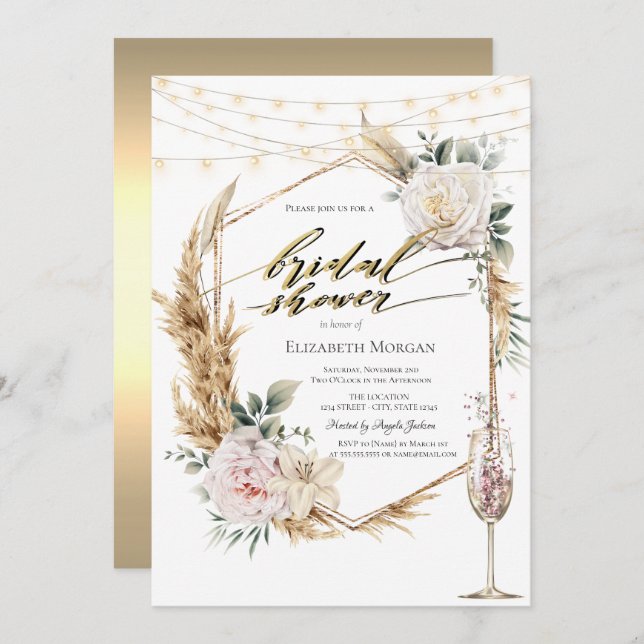 Chic Boho Flowers Ro Guld Möhippa Inbjudningar (Fram/baksida)