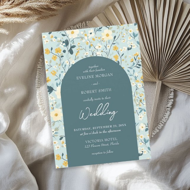 Chic Boho grönt och gult för täckblad av blommor Inbjudningar (Chic Boho green and yellow cottage flowers arch Invitation)