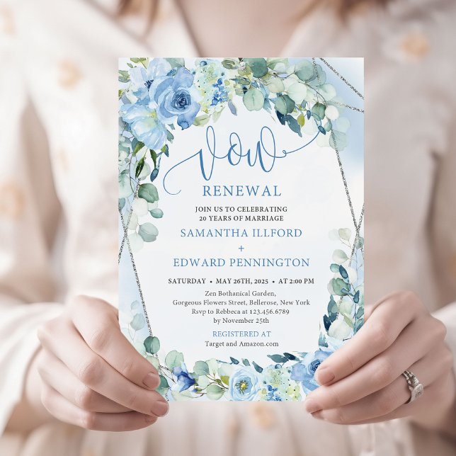 Chic Boho Ice blue blommigt eucalyptus vow förnyel Inbjudningar (winter baby blue flowers sage greenery and silver frame vow renewal invitation)