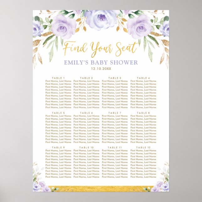 Chic Boho Lila Blommigt Girl Baby Shower,sittande Poster (Framsidan)