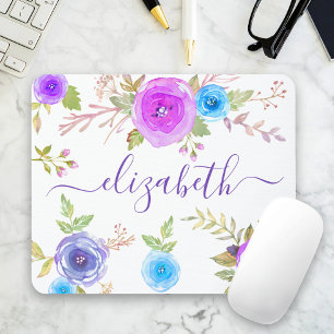 Chic boho lila blommigt vattencolor monogram-skrip musmatta
