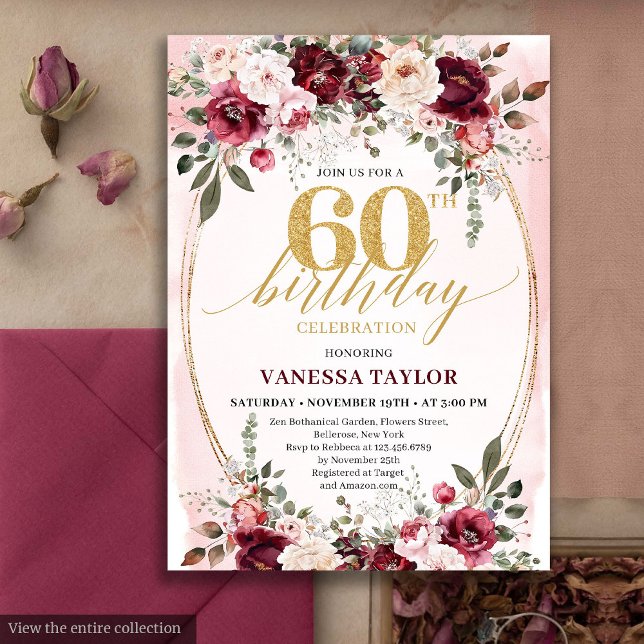 Chic Boho Maroon Gold Floral 60th Birthday Invite Inbjudningar (Chic Boho Maroon Gold Floral 60th Birthday Party)