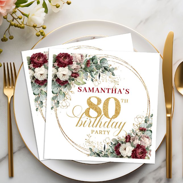 Chic Boho Marsala Blommig Guld 80-årsdag Pappersservett (Chic Marsala Floral Gold 80th Birthday Napkins)