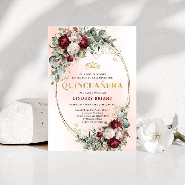 Chic Boho Marsala Blommor 15-års Födelsedagsinbjud Inbjudningar (Chic Boho Marsala Flowers 15th Birthday Invitation)