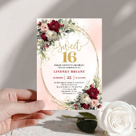 Chic Boho Marsala Gold Floral 16th Birthday Invite Inbjudningar