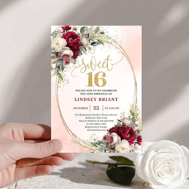 Chic boho marsala gold floral sweet sixteen party  inbjudningar (Chic boho marsala gold floral sweet sixteen party invite

)