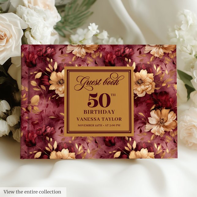 Chic Boho Marsala  Guld Flowers 50:e födelsedagen Gästböcker (Chic Boho Marsala Blush Gold Flowers 50th Birthday)