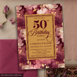 Chic Boho Marsala Guld Flowers 50:e födelsedagen Inbjudningar