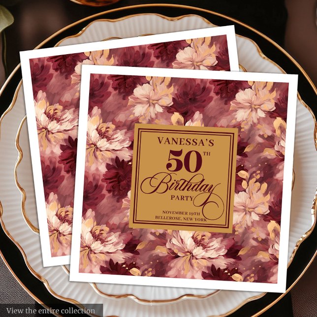Chic Boho Marsala Rosa Guld 50-års Födelsedags Ser Pappersservett (Chic Boho Marsala Blush Gold 50th Birthday Napkin)
