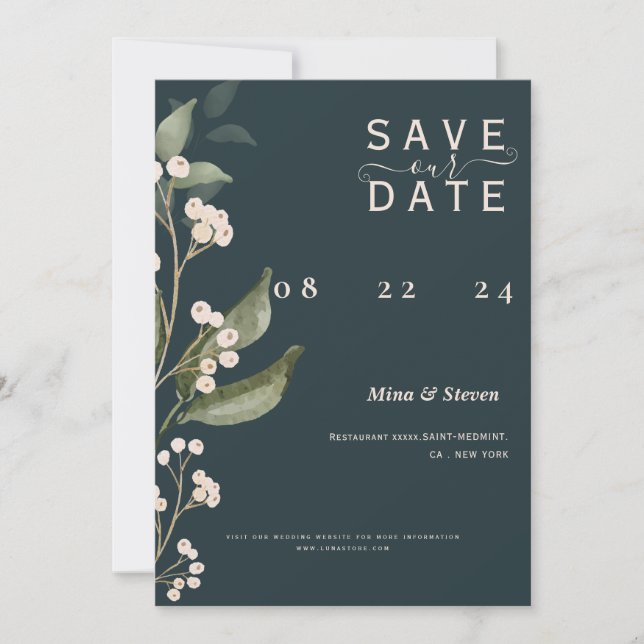 Chic Boho-minimalistisk botanisk grönt spara datum Inbjudningar (Framsida)