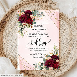 Chic Boho Mörk Red Guld Flowers Bröllop Inbjudningar