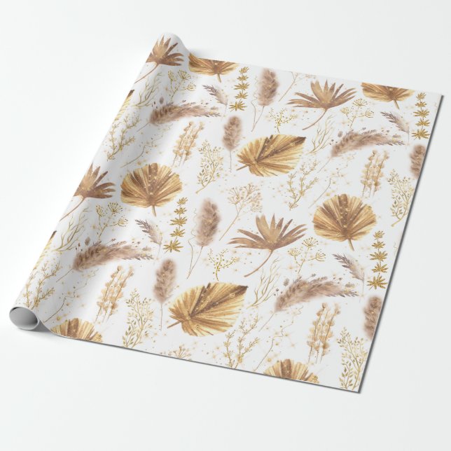 Chic Boho Pampas Grass Handflatan Lövs Faux Glitte Presentpapper (Utrullad)