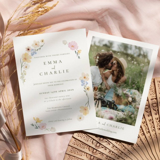 Chic Boho Pastel blommigt Photo Bröllop Inbjudningar (Skapare uppladdad)