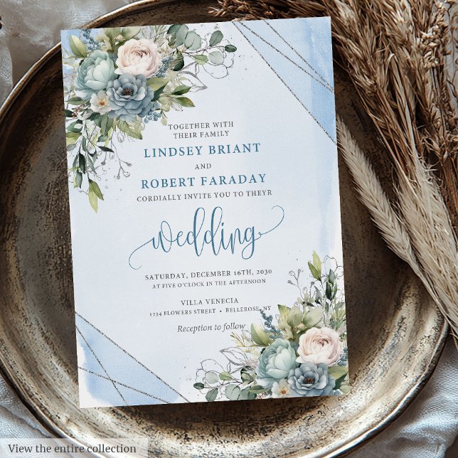 Chic Boho Pastel Blue White Silver Peonies Bröllop Inbjudningar (Chic Boho Pastel Blue White Silver Peonies Wedding Invitation)
