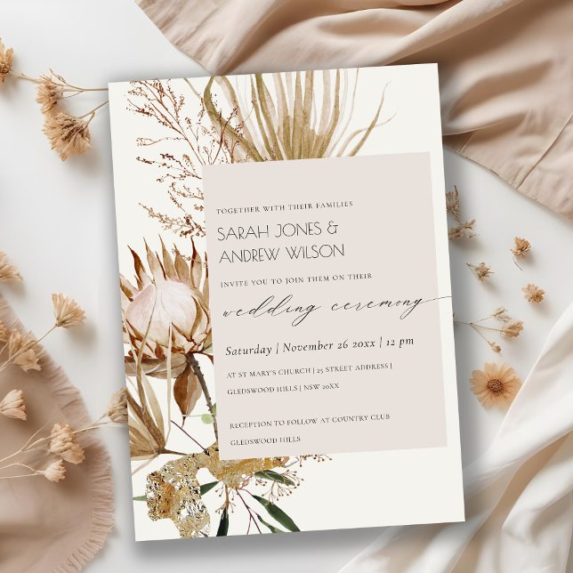 Chic Boho Protea Dry Handflatan Blommigt bröllopsi Tack Kort (Skapare uppladdad)