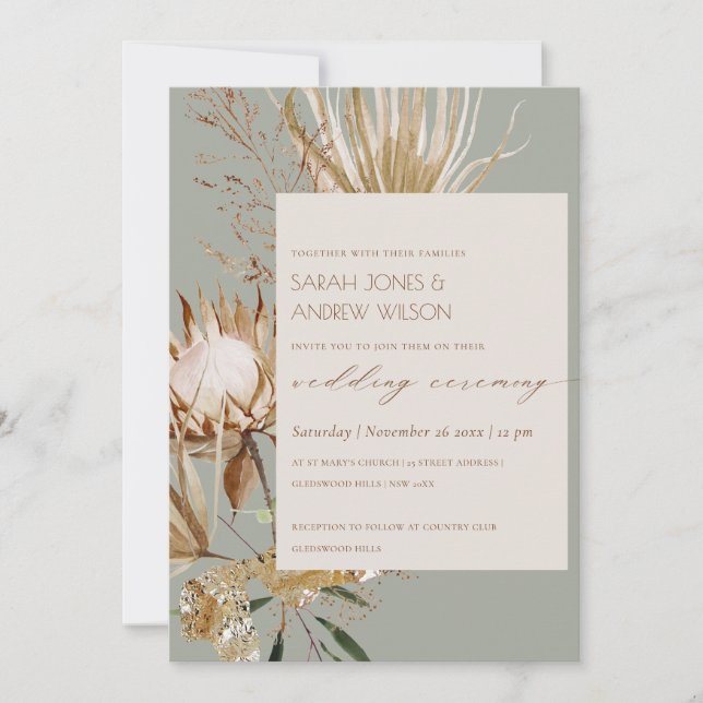Chic Boho Protea Dry Handflatan Blommigt bröllopsi Tack Kort (Framsida)