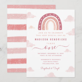 Chic Boho Rainbow och Clouds Pastel Rosa Birthday Inbjudningar
