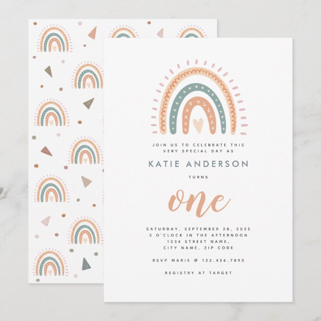 Chic Boho Rainbow Pastel First Birthday Inbjudningar (Fram/baksida)