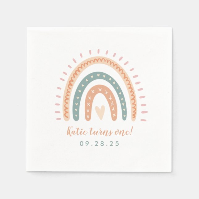 Chic Boho Rainbow Pastel First Birthday Pappersservett (Framsidan)