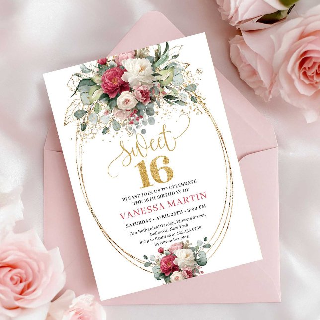Chic Boho Röd Burgunder Grönska Söt 16 Födelsedag Inbjudningar (Chic Red Burgundy Greenery Sweet 16 Birthday Invitation)