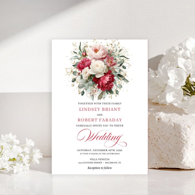 Chic Boho Röd Rodnad Grönska Bröllopsinbjudan Inbjudningar (Chic Boho Red Blush Greenery Wedding Invitation)