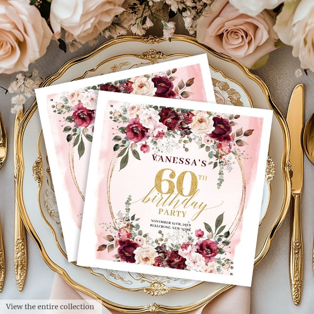 Chic Boho Röda Roser 60-års Födelsedags Servetter (Chic Boho Maroon Roses 60th Birthday Napkins

)