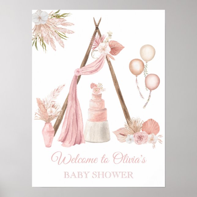 Chic Boho Rosa Blommigt Baby Shower VälkomstPoster Poster (Framsidan)