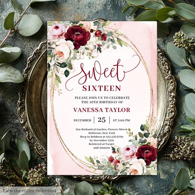 Chic Boho Rosé Burgunder Rosa Sweet 16 Inbjudan (Chic Blush Burgundy Rose Sweet 16 Invitation)