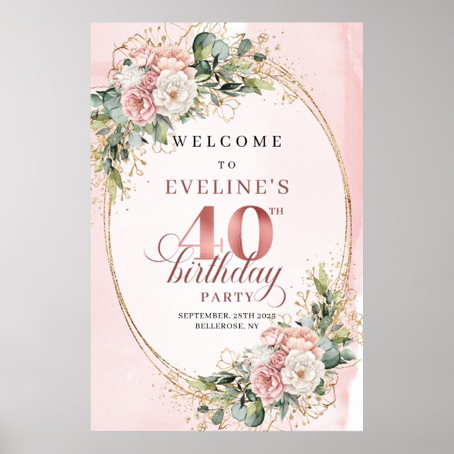 Chic Boho Rose Gold Blommig 40-års Födelsedagsvälk Poster (Framsidan)