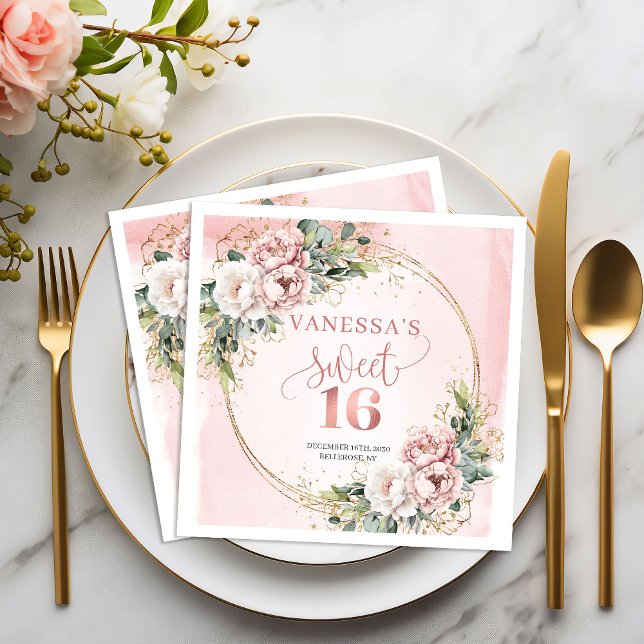 Chic Boho Rose Gold Grönska Sweet Sixteen Servette Pappersservett (Chic Boho Rose Gold Greenery Sweet Sixteen Napkins)