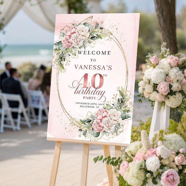 Chic Boho Rosé Pink Eukalyptus 40-års Födelsedagsv Poster (Chic Boho Blush Pink Eucalyptus 40th Birthday Welcome)