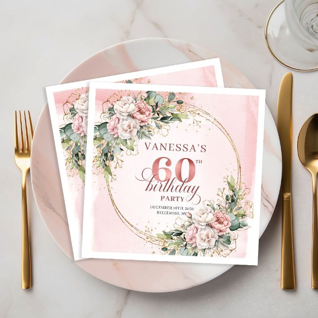Chic Boho Rosenskär Grönska 60-års Födelsedags Ser Pappersservett (Chic Boho Blush Pink Greenery 60th Birthday Napkins)
