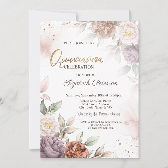 Chic Boho Rosor Blommor Quinceañera Inbjudningar (Framsida)
