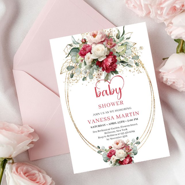 Chic Boho Ruby Röd Rödfärgad Greenery Baby Shower Inbjudningar (Chic Boho Ruby Red Blush Greenery Baby Shower)