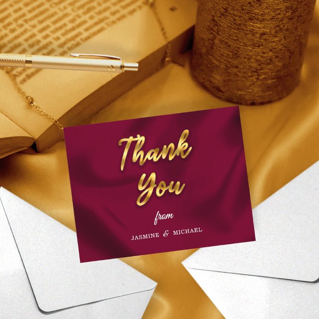 Chic Boho Rustic Burgundy och Guld Script Bröllop Tack Kort (Skapare uppladdad)